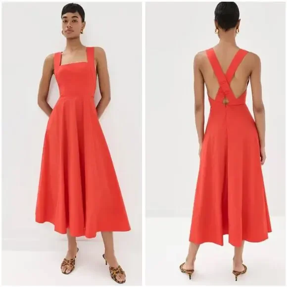 STAUD Teresa Square Neck Cross-Back Fit & Flare Midi Dress Stretch Cotton US10 - Picture 1 of 13